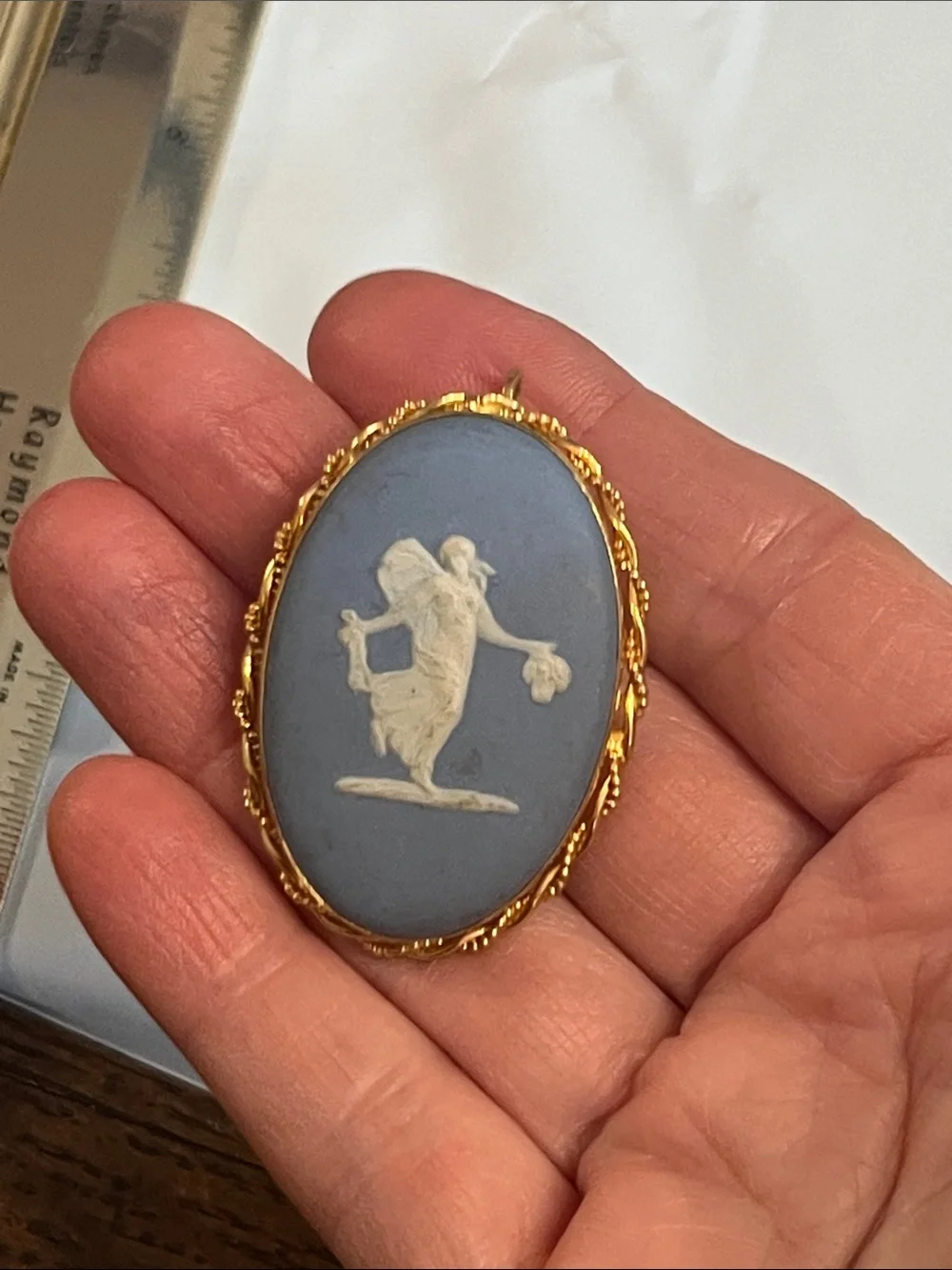 WEDGEWOOD BLUE CAMEO, ENGLAND, 14 K GF, pendant , stamped